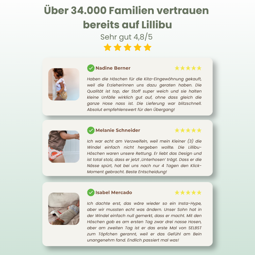 3 kundenfeedbacks, die eine positive 5-sterne-bewertung abgegeben haben über lillibus töpfchentrainingshöschen